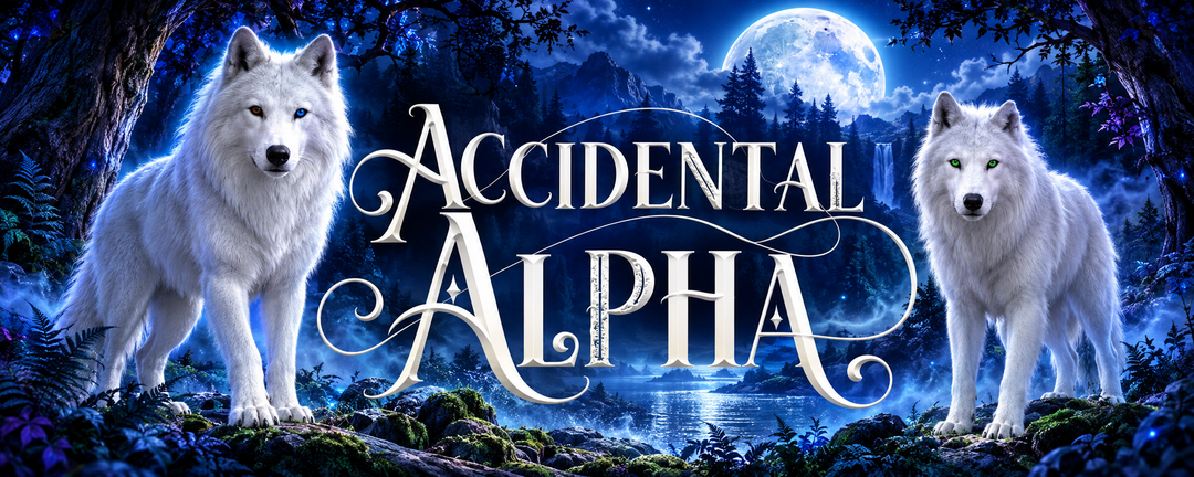 A fantasy-style graphic with two large white wolves standing in a blue moonlit forest, with the words 'ACCIDENTAL ALPHA' in ornate white lettering across the center.