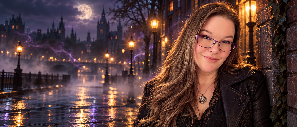 Carissa Andrews, paranormal and urban fantasy author, in a black leather jacket on a misty city street at night