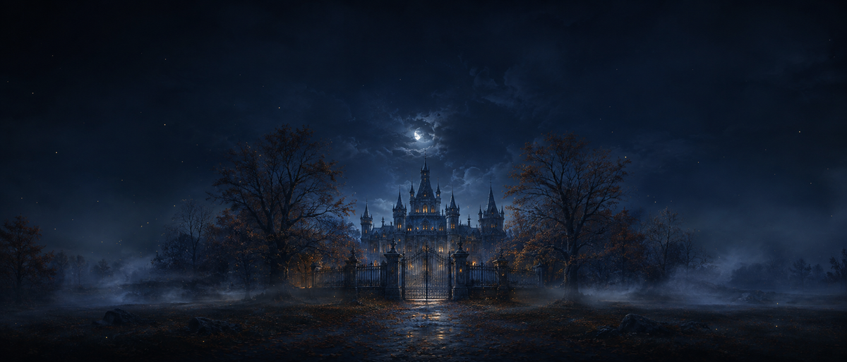 A dark fantasy castle at night under a full moon, surrounded by misty trees and a gate, with a glowing path leading toward the entrance.