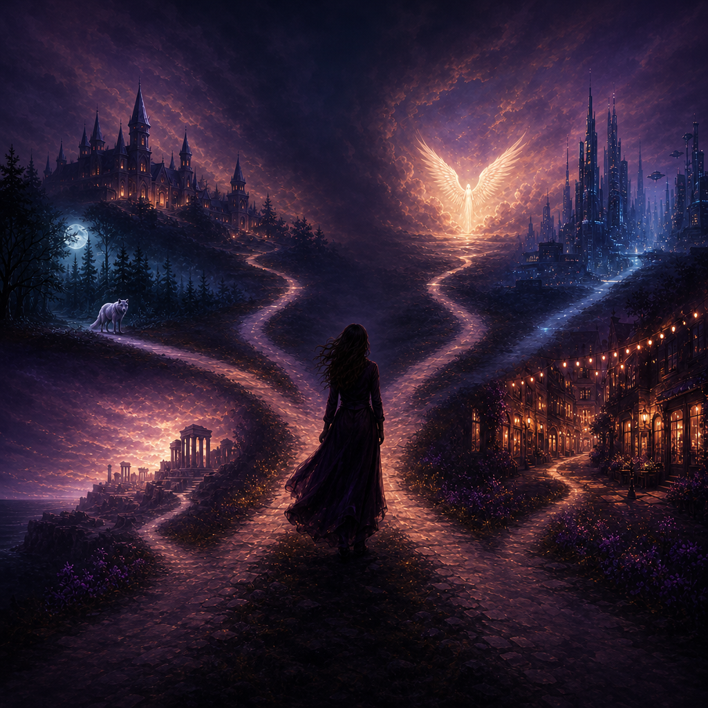 A woman stands at a crossroads at dusk, paths leading to a witch academy, a moonlit wolf, ruins, a glowing angel, a futuristic city and a lantern-lit street.