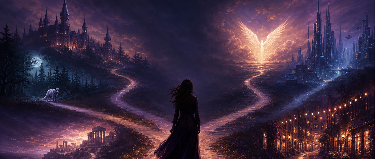 A woman stands at a crossroads at dusk, six paths leading to a witch academy, a wolf in a moonlit forest, ancient ruins, a glowing angel, a futuristic city and a warm lantern-lit street.