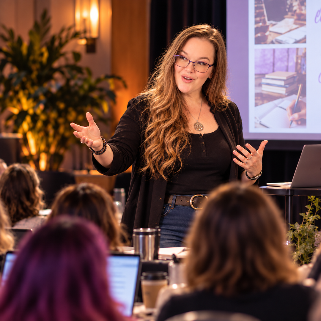 Carissa Andrews teaching indie authors at Author Revolution