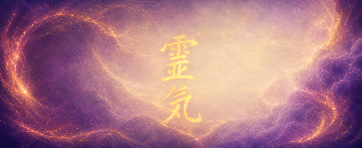 Glowing golden Reiki kanji in a web of light across a purple and gold sky