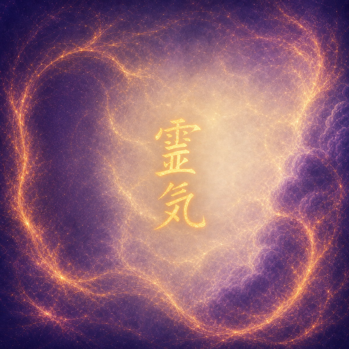 Glowing golden Reiki kanji in a web of light on a purple and gold background