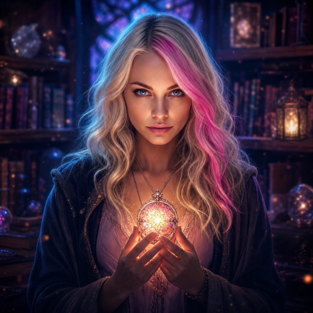 A woman with long wavy blonde and pink hair holds a glowing orb in her hands, set against a dark, magical library background with bookshelves and lanterns.
