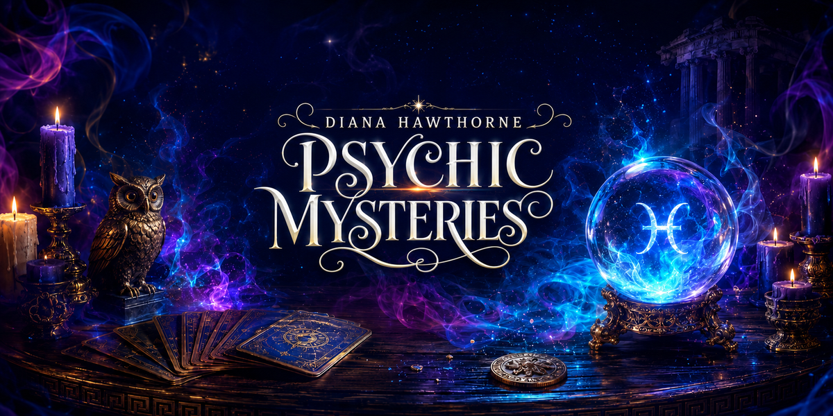 A dark, mystical promotional graphic for 'Diana Hawthorne Psychic Mysteries' featuring a glowing blue crystal ball with the zodiac symbol, candles, an owl, cards, and cosmic smoke against a starry night sky.