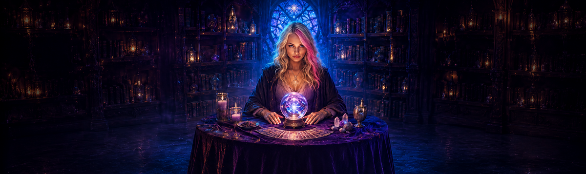 A woman in a dark robe stands behind a draped table holding a glowing crystal ball in a dim, candle-lit gothic room with shelves and a stained-glass window in the background.