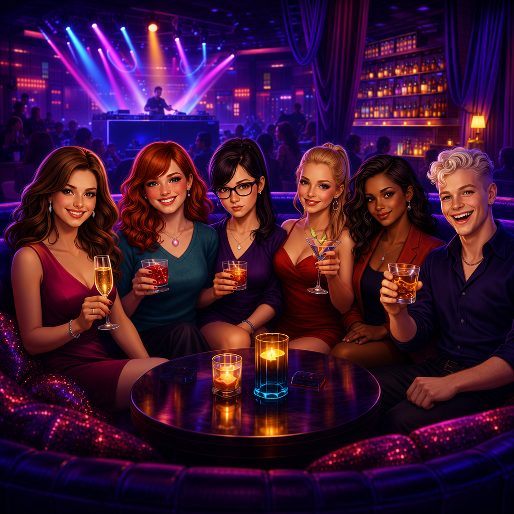 Six young adults sitting together in a dimly lit nightclub or bar, holding drinks around a small round table with candles. The scene is heavily stylized with purple, pink, and blue lighting, and the background shows a bar counter, shelves, and stage lights.