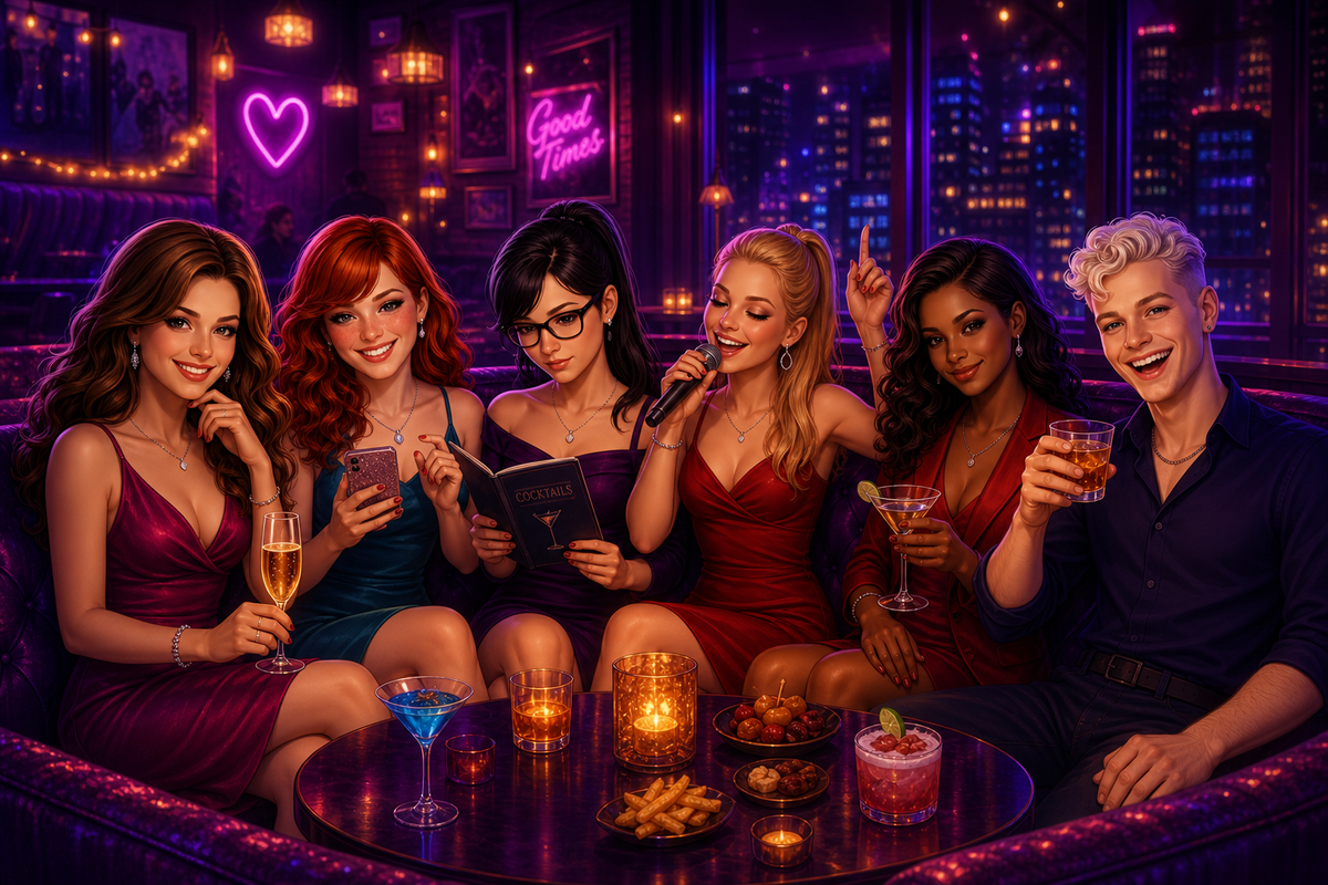 Six young adults sitting together in a dimly lit nightclub or bar, holding drinks and snacks, with neon signs and a city skyline in the background.