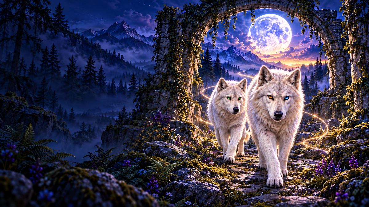 Ella and Stone in wolf form.