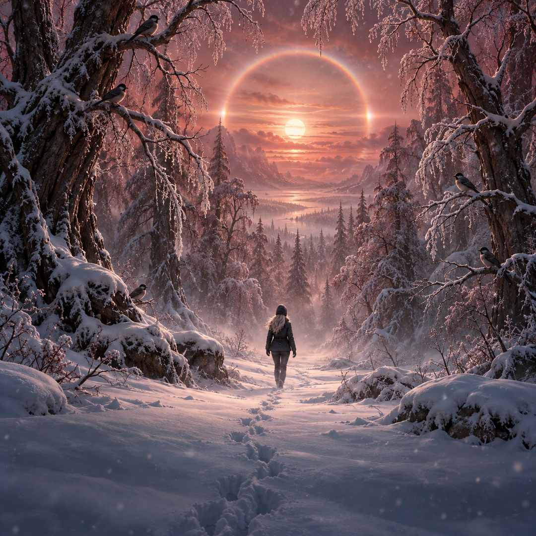 A snowy forest path at sunset with a lone hiker walking away toward a glowing sun and a large ringed planet in the sky. Snow-covered trees and rocks frame the scene in soft pink, purple, and orange tones.