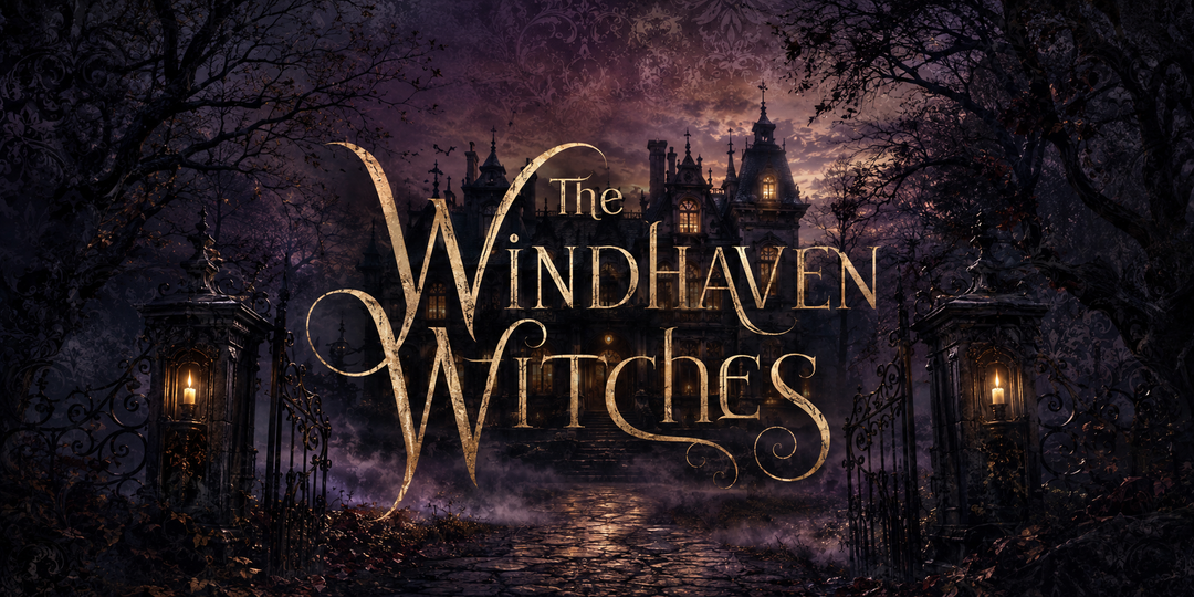 The title artwork for 'The Windhaven Witches' shows a dark gothic mansion surrounded by bare trees at night, with glowing windows and ornate golden title lettering across the center.