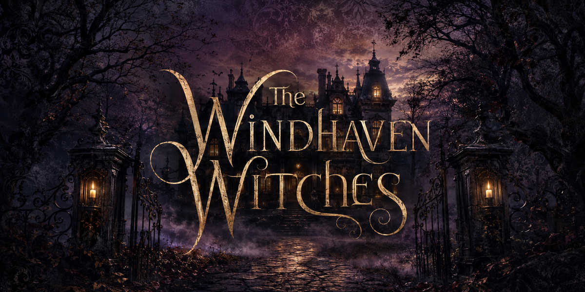 The title artwork for 'The Windhaven Witches' shows a dark gothic mansion surrounded by bare trees at night, with glowing windows and ornate golden title lettering across the center.