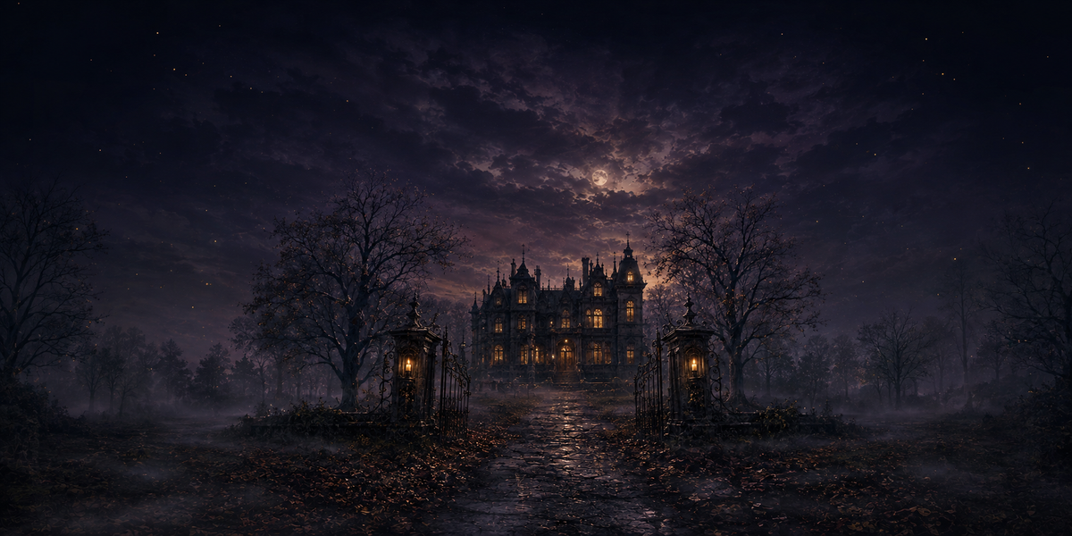A moody night scene of a large gothic-style mansion surrounded by bare trees and a misty path, with glowing windows and lanterns in the foreground under a dark purple sky with a faint moonlit glow.