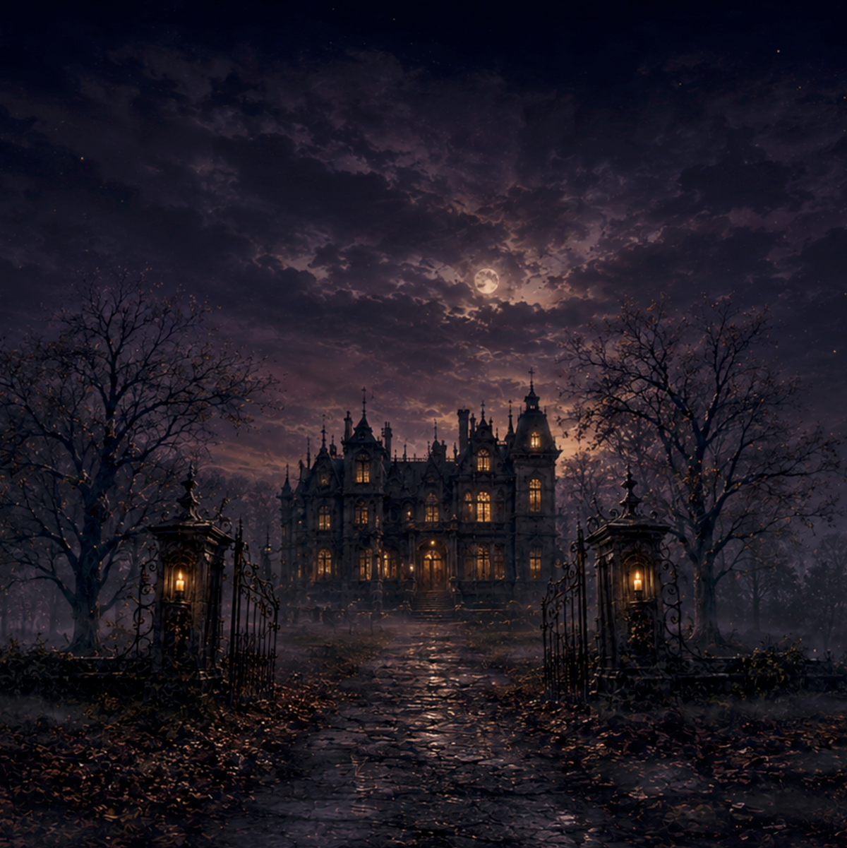 A gothic mansion at night under a cloudy moonlit sky, with a stone path leading through an open gate to the front door. Two lanterns stand on either side, and bare trees frame the scene.